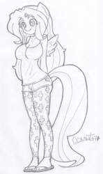 Size: 562x948 | Tagged: safe, artist:comet0ne, fluttershy, anthro, plantigrade anthro, big breasts, breasts, cleavage, clothes, female, flip-flops, heart eyes, hootershy, leggings, pencil drawing, sandals, shorts, solo, traditional art, wingding eyes