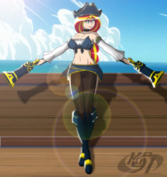 Size: 1250x1322 | Tagged: safe, artist:tyron91, sunset shimmer, human, equestria girls, cloud, gun, human coloration, ocean, outfit, pirate, ship, water, weapon