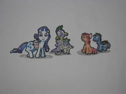 Size: 1600x1200 | Tagged: safe, artist:hillbe, apple bloom, rarity, spike, oc, bat pony, dracony, hybrid, female, interspecies offspring, male, offspring, parent:rarity, parent:spike, parents:sparity, shipping, sparity, straight, traditional art