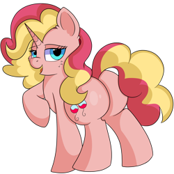 Size: 1280x1280 | Tagged: safe, artist:rainbowtashie, pinkie pie, sunset shimmer, oc, oc:sunbutter cookies, earth pony, pony, unicorn, butt, commissioner:bigonionbean, cute, cutie mark, dawwww, extra thicc, fusion, fusion:sunbutter cookies, plot, simple background, transparent background, writer:bigonionbean