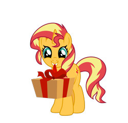 Size: 6400x6178 | Tagged: safe, artist:emeraldblast63, sunset shimmer, unicorn, female, looking at you, mare, mouth hold, present, simple background, smiling, solo, transparent background