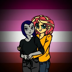 Size: 768x768 | Tagged: safe, artist:thatradhedgehog, sunset shimmer, equestria girls, crossover, crossover shipping, female, hug, lesbian, lesbian pride flag, pride, pride flag, pride month, raven (teen titans), shimrav, shipping, teen titans