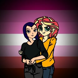 Size: 768x768 | Tagged: safe, artist:thatradhedgehog, sunset shimmer, equestria girls, crossover, crossover shipping, female, hug, lesbian, lesbian pride flag, pride, pride flag, pride month, raven (teen titans), shimrav, shipping, skin color edit, teen titans