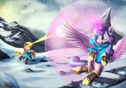 Size: 2000x1400 | Tagged: safe, artist:misiekpl, derpibooru import, princess flurry heart, sunburst, art, clothes, duo, flying, force field, grin, hoof boots, jacket, magic, magic blast, magic training, mountain, older, realistic, scarf, smiling, snow, sunburst teaches flurry, training, wallpaper