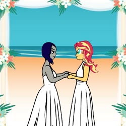 Size: 768x768 | Tagged: safe, artist:thatradhedgehog, sunset shimmer, equestria girls, female, lesbian, marriage, pride month, raven (teen titans), shimrav, teen titans, wedding