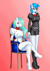 Size: 2000x2828 | Tagged: safe, artist:oo sebastian oo, dj pon-3, princess celestia, vinyl scratch, anthro, plantigrade anthro, boots, brainwashing, chair, crossed legs, female, fetish, latex, latex suit, mind control, rubber, rubber drone, shoes, simple background, sitting, standing, swirly eyes