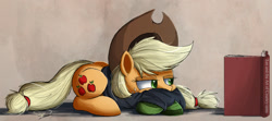 Size: 2000x884 | Tagged: safe, artist:ncmares, applejack, earth pony, pony, book, clothes, countryisms, prone, reading, socks, solo, striped socks