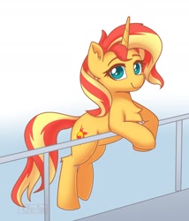 Size: 1426x1669 | Tagged: safe, artist:puetsua, sunset shimmer, pony, unicorn, backwards cutie mark, bipedal, bipedal leaning, chest fluff, cute, ear fluff, female, handrail, leaning, lidded eyes, looking at you, mare, raised leg, shimmerbetes, smiling, solo