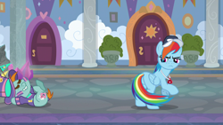 Size: 1920x1080 | Tagged: safe, derpibooru import, screencap, rainbow dash, snips, pegasus, pony, 2 4 6 greaaat, angry, coach, coach rainbow dash, door, eyes closed, hallway, narrowed eyes, not amused face, on back, school of friendship