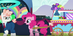 Size: 640x320 | Tagged: safe, artist:mlp-captions, screencap, pinkie pie, svengallop, pony, the mane attraction, meme, youtube caption