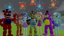 Size: 3840x2160 | Tagged: safe, artist:acefoxy13, artist:fazbearsparkle, artist:optimussparkle, artist:victorfazbear, sci-twi, sunset shimmer, twilight sparkle, oc, oc:heart mouse, human, equestria girls, 3d, 4th of july, american independence day, crossover, firework freddy, fireworks, five nights at freddy's, five nights at freddy's ar special delivery, fnaf oc, foxy, freddy fazbear, geode of empathy, geode of telekinesis, glasses, holiday, independence day, magical geodes, non-mlp oc, one eye closed, source filmmaker, wink