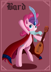 Size: 848x1200 | Tagged: safe, artist:ailynd, pinkie pie, pony, bard, bard pie, bipedal, blackletter, cape, clothes, fantasy class, feather, grin, lute, scarf, shadow, smiling, solo