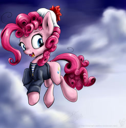 Size: 1496x1522 | Tagged: safe, artist:rule1of1coldfire, pinkie pie, earth pony, pony, undead, vampire, vampony, clothes, cloud, hat, sailor uniform, shirt, sky, solo