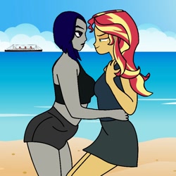 Size: 768x768 | Tagged: safe, sunset shimmer, equestria girls, bedroom eyes, crossover, crossover shipping, female, lesbian, pride month, raven (teen titans), shimrav, shipping, teen titans