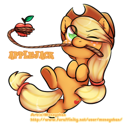 Size: 500x500 | Tagged: safe, artist:moneychan, applejack, earth pony, pony, apple, hair over one eye, lasso, mouth hold, simple background, solo, transparent background, wink
