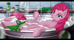 Size: 4414x2406 | Tagged: safe, artist:dezdark, gummy, pinkie pie, princess celestia, alicorn, alligator, earth pony, pony, alternate hairstyle, bath, bathing, bathtub, bubble, ducklestia, female, mare, shampoo, sponge