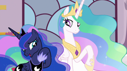 Size: 1280x720 | Tagged: safe, screencap, princess celestia, princess luna, alicorn, pony, shadow play, amused, female, hoof shoes, raised hoof, royal sisters, sisters, smiling