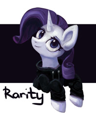 Size: 1024x1297 | Tagged: safe, artist:amy-gamy, rarity, pony, unicorn, abstract background, bust, clothes, female, hoodie, portrait, solo