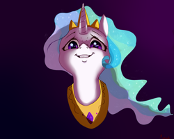 Size: 2500x2000 | Tagged: safe, artist:miokomata, princess celestia, alicorn, pony, unicorn, bust, face, female, gradient background, mare, portrait, simple background, smiling, smug, solo, underlighting