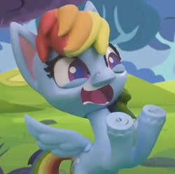 Size: 256x255 | Tagged: safe, derpibooru import, screencap, rainbow dash, pegasus, pony, my little pony: pony life, my little pony: stop motion short, pillow fight (short), cropped, reaction image, screaming, solo, underhoof