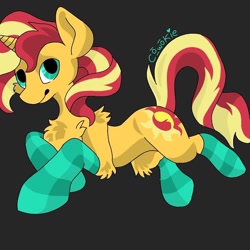 Size: 800x800 | Tagged: safe, artist:c_owokie, sunset shimmer, pony, unicorn, chest fluff, clothes, dark background, female, fluffy, mare, prone, socks, solo, striped socks