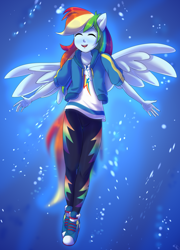 Size: 1736x2412 | Tagged: safe, artist:tigra0118, derpibooru import, rainbow dash, better together, equestria girls, run to break free, clothes, cute, dashabetes, eyes closed, female, geode of super speed, jacket, magical geodes, pants, ponied up, shoes, singing, sneakers, solo