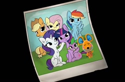 Size: 1090x720 | Tagged: safe, artist:tjpones, derpibooru import, edit, applejack, fluttershy, rainbow dash, rarity, spike, dragon, earth pony, mouse, pegasus, pony, unicorn, animal crossing, limberg, polaroid