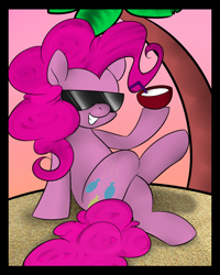 Size: 800x1000 | Tagged: safe, artist:deerkosprince, pinkie pie, earth pony, pony, beach, drink, grin, smiling, solo, sunglasses