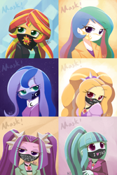 Size: 1000x1500 | Tagged: safe, artist:howxu, adagio dazzle, aria blaze, princess celestia, princess luna, principal celestia, sonata dusk, sunset shimmer, vice principal luna, equestria girls, censored vulgarity, coronavirus, covid-19, female, grawlixes, mask, solo, that siren sure does love tacos, the dazzlings