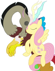 Size: 1736x2236 | Tagged: safe, artist:squipycheetah, discord, fluttershy, draconequus, pegasus, pony, crossed hooves, cute, discoshy, discute, eyes closed, female, floating, flying, happy, male, nuzzling, shipping, simple background, smiling, spread wings, straight, transparent background, vector