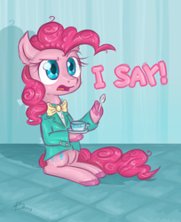 Size: 1024x1255 | Tagged: safe, artist:kyaokay, pinkie pie, earth pony, pony, bowtie, classy, clothes, hoof hold, sitting, solo, spoon, teacup