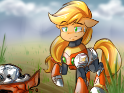 Size: 1600x1200 | Tagged: safe, artist:thegreatrouge, applejack, earth pony, pony, made in manehattan, crossover, megaman, megaman x, scene interpretation, solo, zero