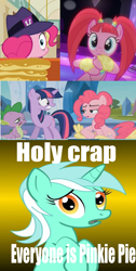 Size: 800x1584 | Tagged: safe, lyra heartstrings, pacific glow, pinkie pie, earth pony, pony, the saddle row review, clone, conspiracy lyra, exploitable meme, fluttershy suit, meme, pinkie clone, the clone that got away, vulgar