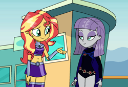 Size: 1244x848 | Tagged: safe, artist:emeraldblast63, maud pie, sunset shimmer, better together, choose your own ending, equestria girls, rollercoaster of friendship, belly button, choose your own adventure game, clothes, cosplay, raven (teen titans), starfire, teen titans