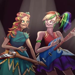 Size: 1080x1080 | Tagged: safe, artist:venera___o, rainbow dash, sunset shimmer, human, alternate hairstyle, clothes, duo, female, guitar, headworn microphone, humanized, musical instrument, singing, skirt