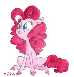 Size: 1342x1392 | Tagged: safe, artist:raiwee, pinkie pie, earth pony, pony, alternate hairstyle, simple background, sitting, solo, tongue out, traditional art