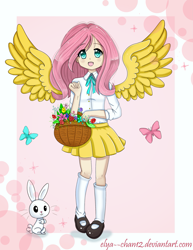 Size: 1755x2279 | Tagged: safe, artist:elya--chan12, angel bunny, fluttershy, human, adorkable, cute, dork, flower, humanized, nest, winged humanization