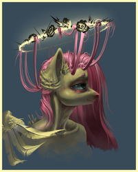 Size: 1024x1272 | Tagged: safe, artist:yanisfucker, fluttershy, anthro, bust, crown, floral head wreath, halo, jewelry, portrait, profile, regalia, solo