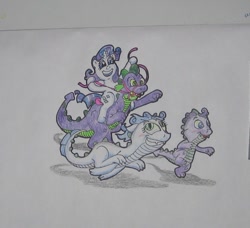 Size: 601x549 | Tagged: artist needed, safe, rarity, spike, dracony, dragon, hybrid, pony, unicorn, bit, bridle, female, male, older, older spike, reins, running, shipping, sparity, straight, tack, traditional art