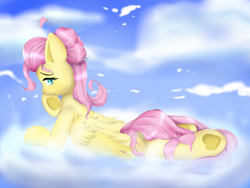 Size: 1600x1200 | Tagged: safe, artist:nihithebrony, fluttershy, pegasus, pony, alternate hairstyle, cloud, hair bun, looking back, prone, solo, underhoof