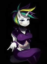 Size: 1615x2191 | Tagged: safe, artist:traupa, rarity, anthro, it isn't the mane thing about you, alternate hairstyle, black background, bracelet, choker, collar, devil horn (gesture), female, jewelry, punk, raripunk, simple background, solo, spiked choker, spiked collar, spiked wristband, studded bracelet, wristband