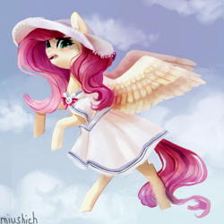 Size: 700x700 | Tagged: safe, artist:miushich, fluttershy, pegasus, pony, clothes, dress, flying, hat, solo