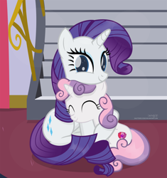 Size: 2248x2395 | Tagged: safe, artist:shutterflyeqd, rarity, sweetie belle, pony, unicorn, colored pupils, cute, daaaaaaaaaaaw, diasweetes, dilated pupils, eyes closed, faic, female, filly, hug, looking at you, mare, raribetes, siblings, sisterly love, sisters, sitting, smiling, smirk, stairs, twiface