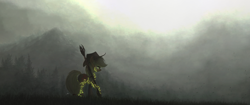 Size: 3333x1406 | Tagged: safe, artist:ncmares, derpibooru import, edit, applejack, earth pony, pony, fog, glow, scenery, solo, staff, ultra widescreen, wallpaper, wallpaper edit, widescreen