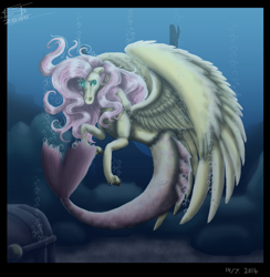 Size: 1024x1050 | Tagged: safe, artist:freiast, fluttershy, merpony, pegasus, pony, bubble, solo, spread wings, treasure chest, underwater, unshorn fetlocks