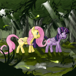 Size: 1024x1024 | Tagged: safe, artist:dedalocious, derpibooru import, fluttershy, twilight sparkle, twilight sparkle (alicorn), alicorn, pegasus, pony, duo, duo female, everfree forest, female, mare