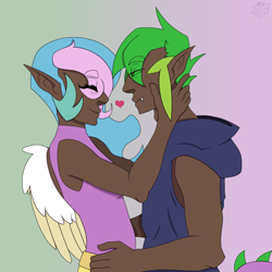 Size: 1688x1688 | Tagged: safe, artist:moonakart13, artist:moonaknight13, princess celestia, spike, dragon, human, clothes, crack shipping, dark skin, eyes closed, female, gradient background, heart, humanized, lidded eyes, male, otp, pointed ears, shipping, spikelestia, straight