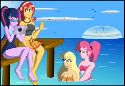 Size: 3202x2214 | Tagged: safe, artist:physicrodrigo, part of a series, part of a set, applejack, pinkie pie, sci-twi, sunset shimmer, twilight sparkle, mermaid, series:equestria mermaids, equestria girls, applerack, barefoot, battleship, belly button, boat, breasts, clothes, feet, force field, high res, mermaidized, mexico, military, navy, ocean, orange bra, orange underwear, pier, pink bra, pink underwear, pinkie pies, seashell bra, ship, smiling, species swap, story in the source, sunset jiggler, swimsuit, underwear