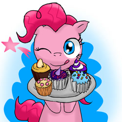 Size: 1024x1024 | Tagged: safe, artist:zokoira, pinkie pie, earth pony, pony, cupcake, food, solo, tray