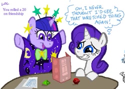 Size: 439x312 | Tagged: safe, derpibooru import, rarity, twilight sparkle, pony, unicorn, clothes, dice, dress, roleplaying